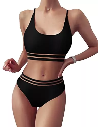 TOMEEK Unterwäsche & Dessous TOMEEK Damen Bikini Set mit Mesh Zweiteilig Badeanzug Push up Gepolstert High Cut Sport Bademode Hohe Taille Bikinis für Frauen