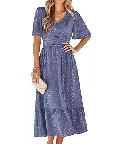BebreezChic Freizeit BebreezChic Sommerkleid Damen Lang Boho Elegant Kurzarm V-Ausschnitt Hohe Taille Swiss Dot Gerafft Blumen Strandkleid Maxikleid