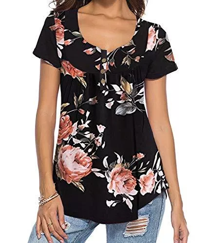 DEMO SHOW Kurzarmblusen DEMO SHOW Damen Tunika Top Locker Langarm V Ausschnitt Knopfleiste Plissiert Floral Henley Shirt Bluse T Shirt