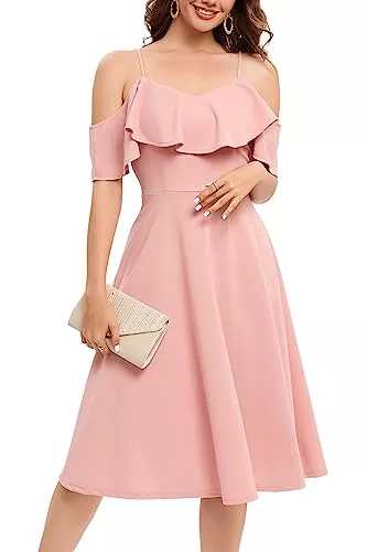 Bbonlinedress Cocktail Bbonlinedress Kleid Damen Sommer Schulterfrei elegant Trägerkleid mit Rüschen Midilang festliches Party Cocktailkleid Casual Strandkleid