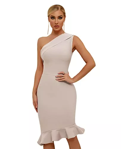 Maketina Party Maketina Damen Sexy One Shoulder Bodycon Bandage Kleid Meerjungfrau Cocktail Midi Kleider