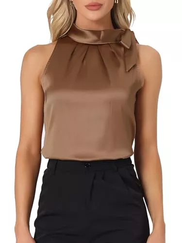 Allegra K Ärmellose Blusen Allegra K Damen Ärmellos Satin Top Elegant Rüschen Stehkragen Bluse Schleife Oberteil