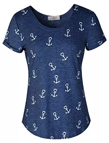 ELFIN T-Shirts ELFIN Damen T-Shirt Top mit Anker Druck Rundhals Kurzarm Ladies Sommer Shirt Anker Sailing Tee Allover Print - leicht und luftig - sehr angenehm zu Tragen