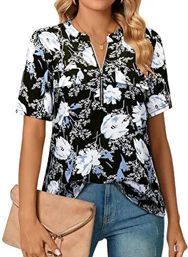 Amrto Kurzarmblusen Amrto Damen V-Ausschnitt Shirts Casual Bluse mit Reißverschluss Tunika Tops