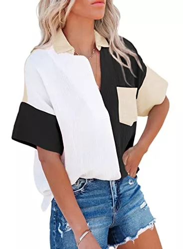 wihnsinop Kurzarmblusen wihnsinop Bluse Damen Lässiges Hemd mit V-Ausschnitt Halbarm Blusen Modisches Tunika Chiffon Kurzarm Hemd für Damen Sommer Locker Frau Shirt Colour Block
