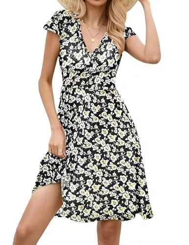 Zeagoo Freizeit Zeagoo Damen A Linie Kleid V Ausschnitt Blumenkleid Elegant Sommerkleider Kurzarm Freizeitkleid Jerseykleid Knielang Swing Stretchy Kleider
