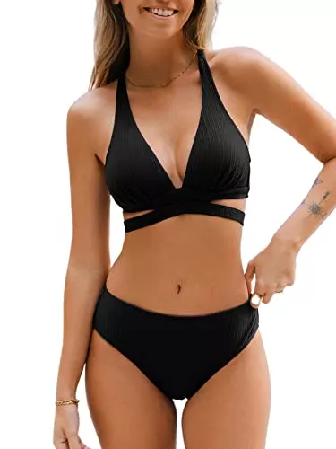 CUPSHE Unterwäsche & Dessous CUPSHE Damen Bikini Set V Ausschnitt Schlitz Lace Up Mid Waist Texturierte Bademode Zweiteiliger Badeanzug Swimsuit