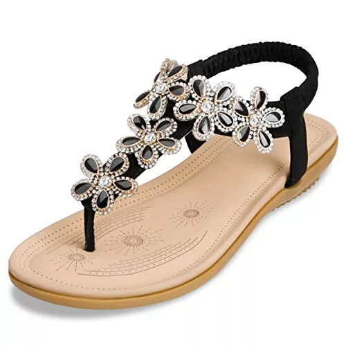 ZOEREA Sandalen & Slides ZOEREA Damen Sandalen Sommer Flach Sandals, Frauen Bohemia Strass Sandals PU Leder Elastischen Strand Sommerschuhe Zehentrenner