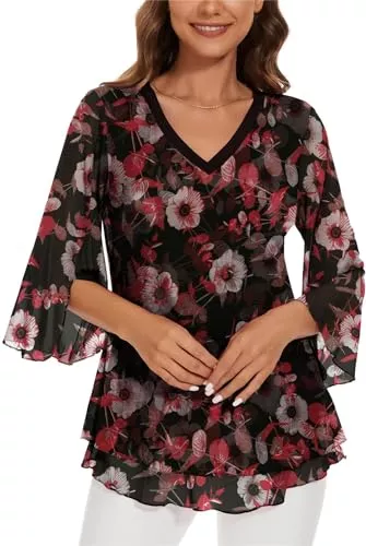 Actcat Langarmblusen Actcat Damen Mesh Bluse 3/4 Arm Blumen Tunika Shirt Elegant Doppellagig V-Ausschnitt berteile Mesh Locker Longshirt