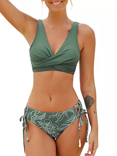 CUPSHE Bademode CUPSHE Damen Bikini Set Wickeloptik Lace Up Bikini Bademode V Ausschnitt Blumenmuster Zweiteiliger Badeanzug Swimsuit