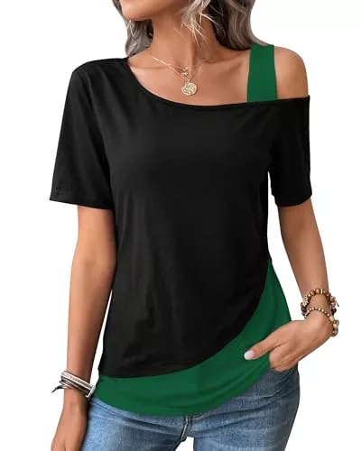 ZASFOU T-Shirts ZASFOU Damen Sommer Kurzarm Tops Off Shoulder T Shirt Locker Shirts Lässig Tunika Bluse Oberteile Geschenk für Frauen