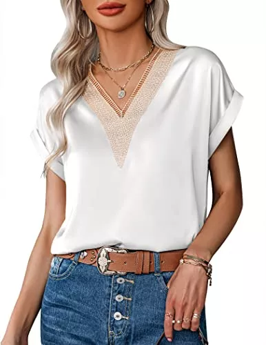 Zeagoo Kurzarmblusen Zeagoo Damen T-Shirt Satin Bluse Spitze V-Ausschnitt Hemd Elegant Blusen Kurzarm Tunika Top Lässiges Oberteile Sommer Locker Tops
