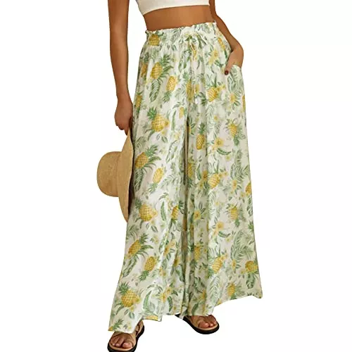Odizli Hosen Odizli Damen Elegant Boho Blume Chiffon High Waist Locker Palazzo Lang Weite Hose Strandhose Sommerhose