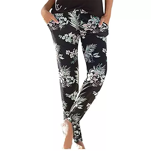 Generic Hosen Damen Pant Lange Haremshose Schlupfhose Boho Strandhose Leicht Freizeithose Loose Sommerhose Frauen Hose mit Taschen Straight Bein Hose Sommerhose Stoffhose Jogginghose Yogahose