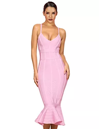 Maketina Cocktail Maketina Damen Meerjungfrau Spaghettiträger V Ausschnitt Bodycon Midi Cocktail Bandage Kleid