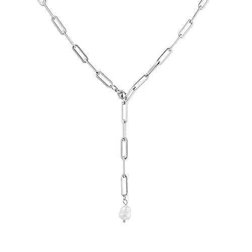 GD GOOD.designs Schmuck GD GOOD.designs Kette mit Süßwasserperle für Damen - Gliederkette mit Perle in Y-Form I Lange Halskette mit Süßperle Anhänger - Ankerkette