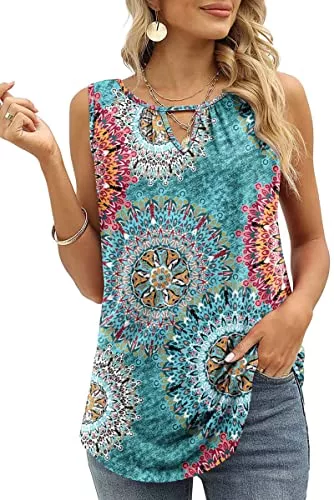 Cuptacc Tops Cuptacc Tank Top Damen Sommer 2024 Trendy Einfarbige Schlüsselloch V Ausschnitt Ärmellose Sexy Tops Lockere Tunika Shirt