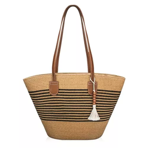 boshiho Taschen & Rucksäcke boshiho Sommer Stroh Strandtasche Damen - Handtasche Geflochten Braun-Schwarz groß, Strand Umhängetasche Strohtasche Korbtaschen für Reisen Urlaub, Arbeit, Outdoor, Shopper