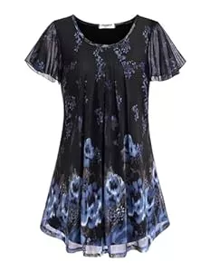 Zeagoo Kurzarmblusen Zeagoo Tunika Damen Sommer Bluse Kurzarm Elegant Falten Oberteil Blumen Damenbluse Rundhals Blusenshirt Doppellagig Lässige Longshirt