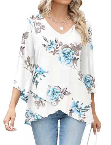 iWoo Langarmblusen iWoo Damen Bluse V-Ausschnitt Chiffon Tunika Sommer Langshirt Flatter Ärmel Elegant Fließende Leichte Doppellagige Oberteile Longshirt
