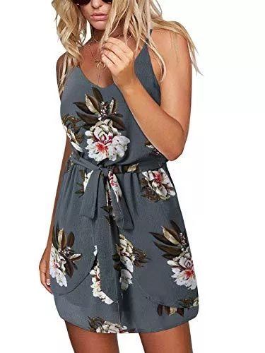 ACHIOOWA Freizeit ACHIOOWA Sommerkleid Damen Ärmellos Strandkleid Chiffon V-Ausschnitt Bohemian Casual Sexy Mini Trägerkleid