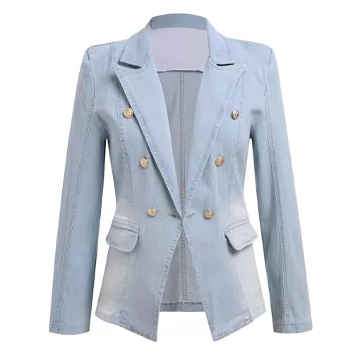 FYMNSI Blazer FYMNSI Damen Denim Blazer Jeansjacke Lange Ärmel Jacken Reverskragen Knopfleiste Kurz Mantel mit Taschen Herbst Frühling Oberteile Anzugjacke