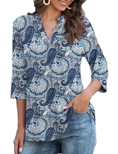 Heersan Langarmblusen Heersan Damen Bluse 3/4 Arm Blumen/Einfarbig Tunika V-Ausschnitt Shirt Elegant Festliche Oberteile Casual Lässige Tops, S-XXL