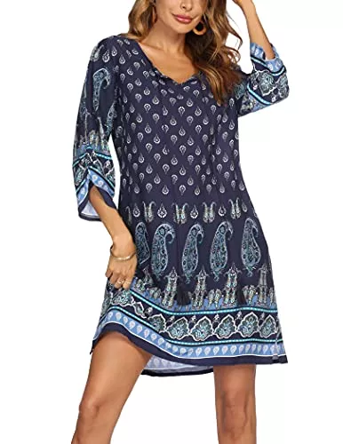 Beyove Freizeit Beyove Damen Bohemian Tunika Kleid Strandkleid Sommerkleider Vintage Strandtunika 3/4-Arm Rundhals Kleid Blumenmuster Tunikakleider Kurzes Tops