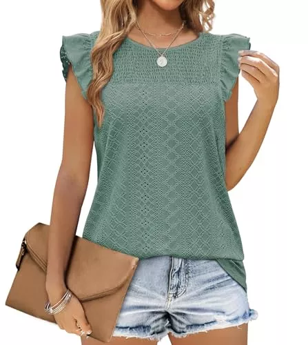 Jescakoo Kurzarmblusen Jescakoo Tank Top Damen Ärmellos mit Rüschen Kurzarm Ösenstoff Top Damen Elegant Oberteile Sommer Rundhals Ausschnitt Bluse Damen 2024