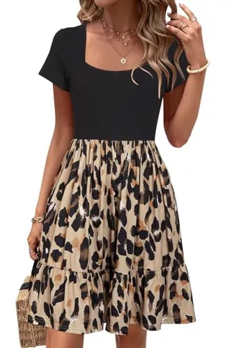 Newshows Freizeit Newshows Sommerkleid Damen Knielang Sommer Kurzarm Kleid Quadratischer Ausschnitt Elegant Strandkleid Mit Taschen