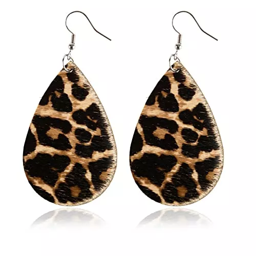 Lsjuee Schmuck Echtes Pelz-Leder-Tropfen-Tropfen-Ohrringe Handgefertigter leichter Blumen-Ohrring mit Kuhdruck für Frauen Mädchen Baumelnder Tropfen-Ohrring präsentiert Geschenke für Sie