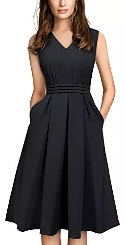 HOMEYEE Cocktail HOMEYEE Damen Vintage 50er Ärmellos Cocktail Retro mit Pocket Flared Kleid A196