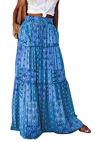 Byoauo Röcke Byoauo Rock Damen Lang Boho Blumen Hohe Elastische Taille mit Taschen und Gürtel Maxi Skirt Faltenrock Strandrock Freizeitrock
