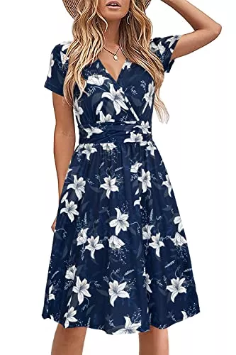 STYLEWORD Freizeit STYLEWORD Damen Sommerkleid Kurzarm V-Ausschnitt Kleider Blumenmuster kleid Wickelkleid Mit Taschen
