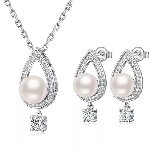 jiamiaoi Schmuck jiamiaoi 18K Weißgold platted Perlenohrringe mit Perlenkette Schmuck Set 925 Sterling Silber Perle Anhaenger Halskette Perle Silberkette 925 Echte Perle Ohrhaenger