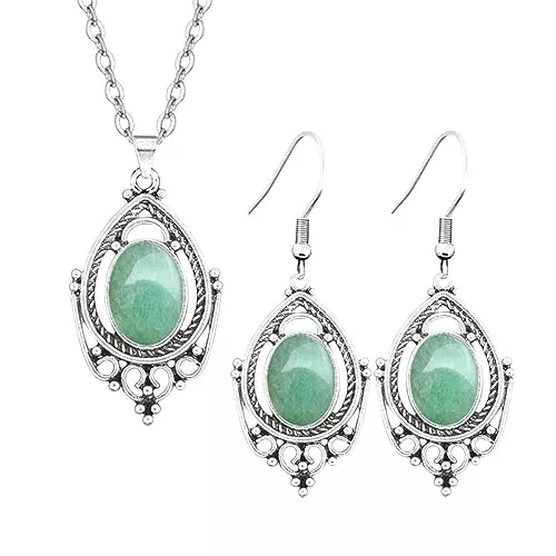 CuLtP Schmuck CuLtP Ohrringe Damen,Damen-Schmucksets, Vintage-Stil, Filigrane Intarsien, Ovale Grüne Jade, Anhänger, Halskette, Ohrringe, Set Im Barockstil, Baumelnde Hakenohrringe, Schmuck Für Frauen Und Mädchen