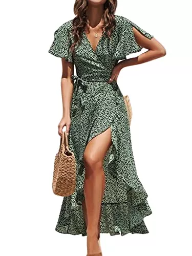 CUPSHE Freizeit CUPSHE Damen Kleid V Ausschnitt Kurzarm High Low Wickelkleid Rüschensaum Lange Freizeitkleider Sommer Strand Maxi Dress