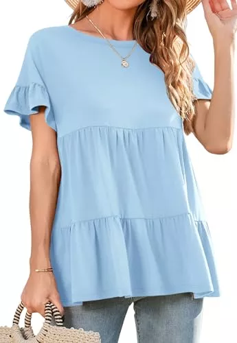 Neineiwu Kurzarmblusen Neineiwu Rundhals T-Shirt Damen kurzarm Bluse Damen Sommer Oberteile Elegant Tshirts Gestuftes Solide Tunika S-XXL