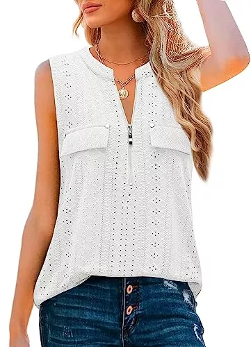 Amrto Ärmellose Blusen Amrto Damen V-Ausschnitt Shirts Casual Bluse mit Reißverschluss Tunika Tops