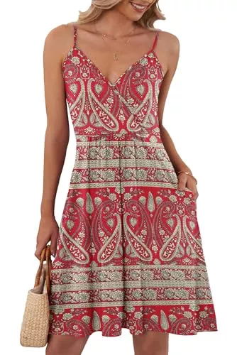 AUSELILY Freizeit AUSELILY Sommerkleid Damen Spaghetti-Träge V-Ausschnitt Freizeitkleid Strandkleid mit Taschen