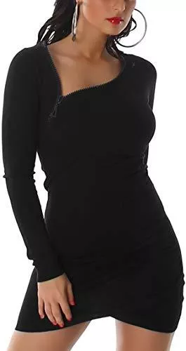 Enzoria Kleider Enzoria Damen Strickkleid Longpulli Pullikleid Schalkragen Strass-Applikation Slim-Fit Kapuze Bolero (34/36/38)