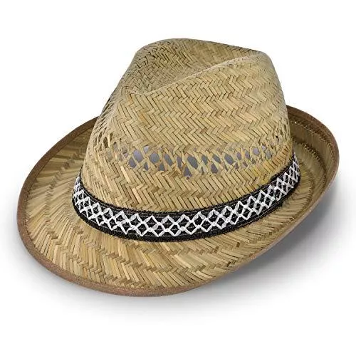 fiebig Hüte & Mützen Erntehelfer Strohhut (Sonnenschutz) Damen und Herren | Sonnenhut im Trilby-Look | Hut aus Stroh für den Sommer am Strand oder im Urlaub | Verschiedene Größen | Farbe Natur