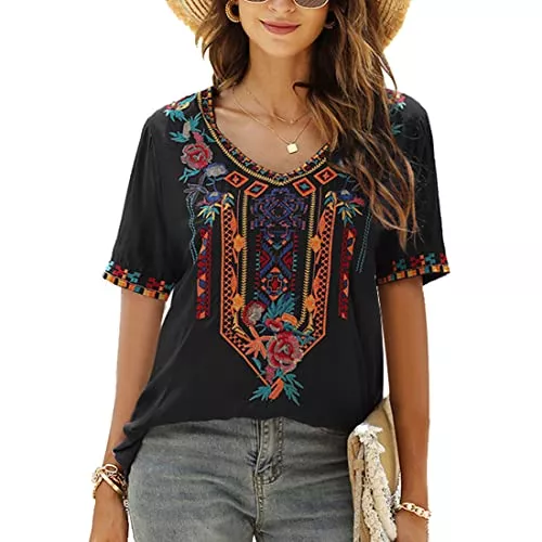 Seasonal Kurzarmblusen Seasonal Tunika Damen Sommer Boho Bluse Folklore Stickerei oberteil Trachten hippie Kleidung Kurzarm V-Ausschnitt