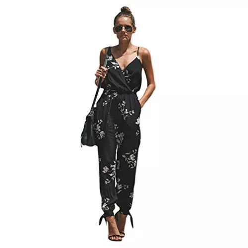 TSWRK Jumpsuits TSWRK Damen Jumpsuit V Ausschnitt Overall Blumen Ärmellos Playsuit Split Hosenanzug Romper Sommer