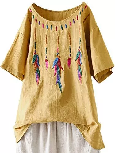 FTCayanz Kurzarmblusen FTCayanz Damen T-Shirt Sommer Leinen Bluse Kurzarm Stickerei Floral Tunika Oversize Oberteil