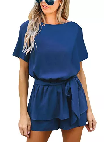 Roskiky Jumpsuits Roskiky kurzärmeliger Frauen-Overall Sommer Jumpsuits mit Gürtel Überschlag