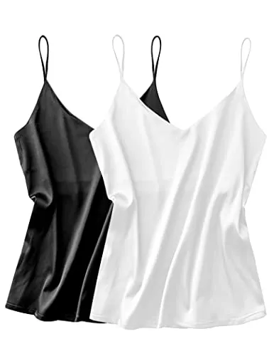 Ekouaer Tops Ekouaer 2 Stück Damen Satin Unterhemden Tank Top Seide Cami Camisole Spaghettiträger V-Ausschnitt Basic Tanks Verstellbarer Strap S-XXL