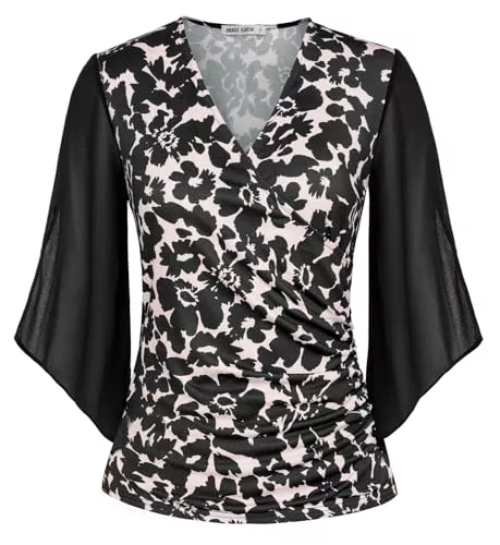 GRACE KARIN Langarmblusen GRACE KARIN Damen Elegant Chiffon Bluse 3/4 Ärmel Loose Fit V-Ausschnitt Tops Blumendruck Casual Shirt