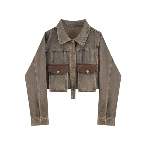 SMBHIAON Jacken SMBHIAON Jacken Für Damen – Klassisch, Unregelmäßiges Design, Einreihige Taschen, Jeansjacke, Modisches Revers, Lange Ärmel, Schlanke, Wassergewaschene Kurze Denim-Oberbekleidung