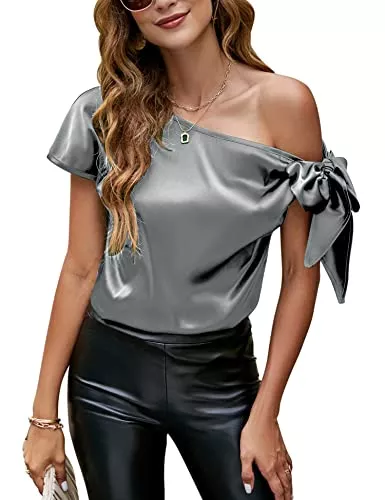 VIDUSSA Ärmellose Blusen VIDUSSA Damen Bluse Elegant Sommer Schulterfrei Langarm/Kurzarm Lässige Tops Seidig Satin Shirts
